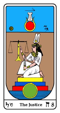 Arcanum VIII Justice Tarot card showing scales and sword symbolising balance and karma